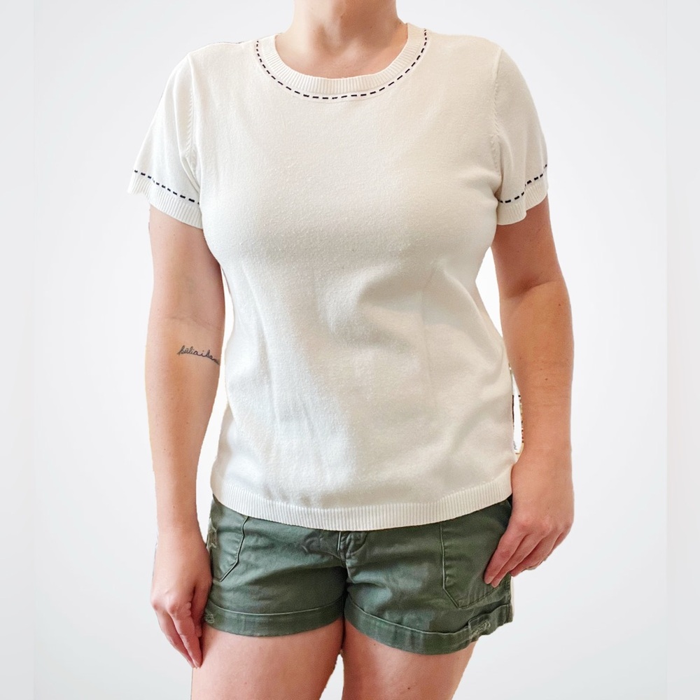 Downeast Polo Sweater, Cream with Navy Trim Stitching, Large